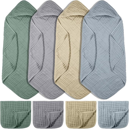 VitalCozy 8 Pcs Baby Muslin Hooded Bath Towels and Washcloths Muslin Cotton Hooded Baby Towels Absorbent Blankets for Gift Newborn Infant Shower (32 x 32 Inch,Pastel Color)