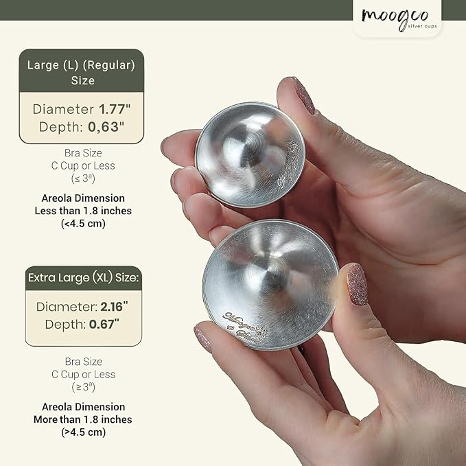 MOOGCO The Original Silver Nursing Cups - 925k Silver Nipple Cups - Nipple Shields for Breastfeeding Newborn – Protective Silver Nipple Covers for Nursing Moms (925k Regular)