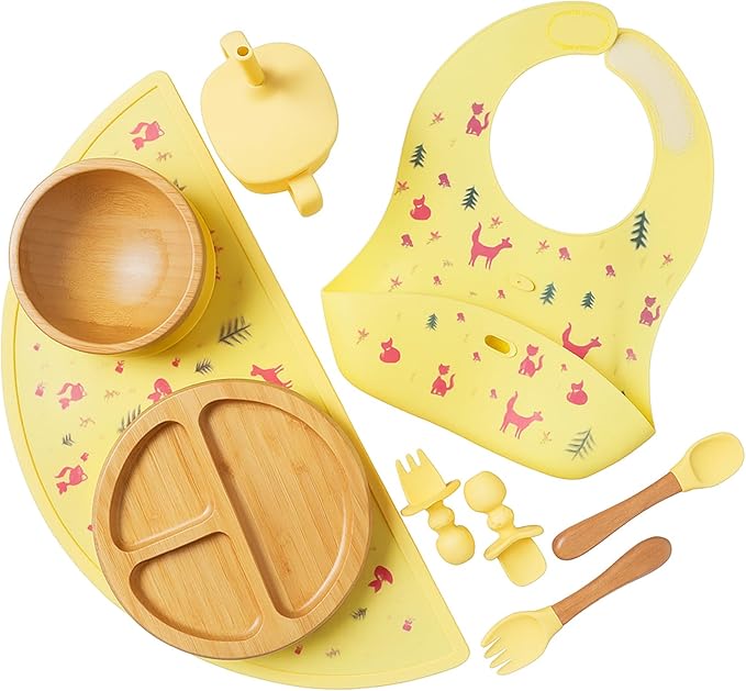 Bamboo & Silicone Baby Feeding Set 8 PCS | Baby Led Weaning Supplies Self Feeding | Divided Suction Plate Bowl Bib Sippy Cup with Straw Utensils Baby Bowls and Spoons Toddler Feeding Set (Yellow)