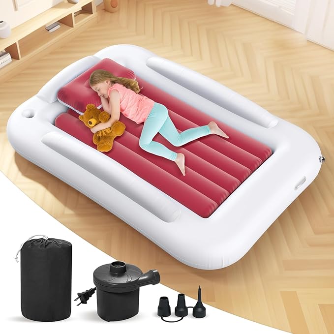 Deeteck Inflatable Toddler Travel Bed - 60 Inches Portable Toddler Bed for Travel with Safety Sides - Cozy Kids Air Mattress Set with High-Speed Pump & Carry Case - Lightweight & Easy to Inflate(Pink)