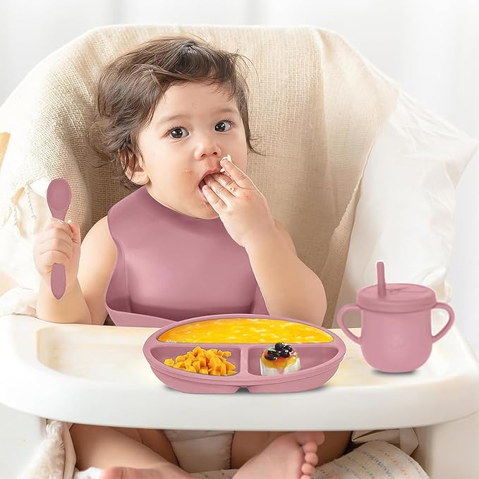 Dormlony 100% Silicone Baby Feeding Set,BPA Free Baby Dishes Set with Suction Bowl Divided Plate,Toddler Self Feeding Dish Set with Spoons Forks Sippy Cup and Bib, Baby Eating Utensils (Coral)