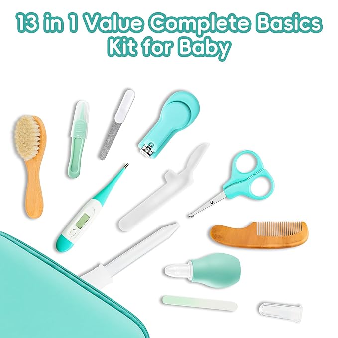 Baby Grooming Kit, Infant Safety Care Set with Hair Brush Comb Nail Clipper Nasal Aspirator,Baby Essentials Kit for Newborn Girls Boys (13 Pc Green Kit)