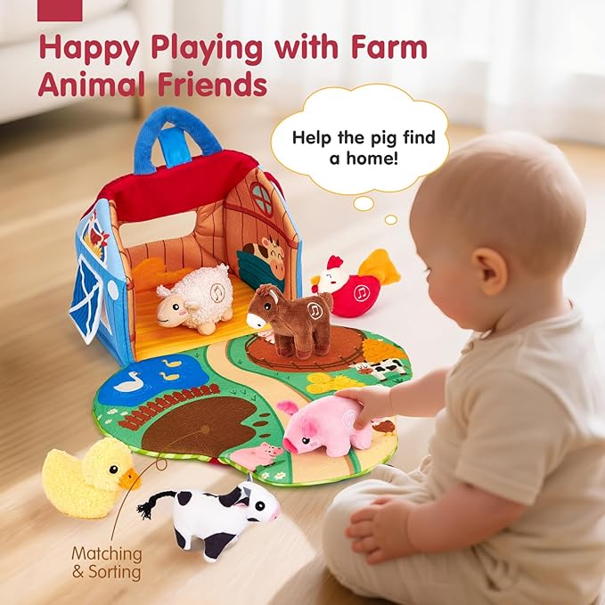 hahaland Baby Toys 6-12 Months - Surprise Barn with Stuffed Farm Animals with Real Sounds - Montessori Toys for 6 Month Old Baby 1 Year Old Boy Girl Gifts Toddlers Sensory Toy Easter Basket Stuffers