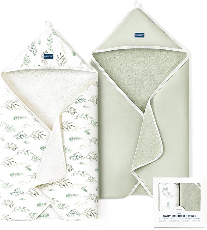 GRSSDER Baby Hooded Towel 2 Pack for Newborn, Super Soft Bath Towels with Original Designs, Ultra Absorbent Knit Terry, Large Toddler Towels with Hood for Boys Girls, Shower Gifts for Infant,34"x 34"