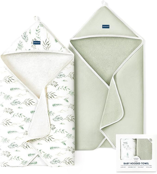 GRSSDER Baby Hooded Towel 2 Pack for Newborn, Super Soft Bath Towels with Original Designs, Ultra Absorbent Knit Terry, Large Toddler Towels with Hood for Boys Girls, Shower Gifts for Infant,34"x 34"