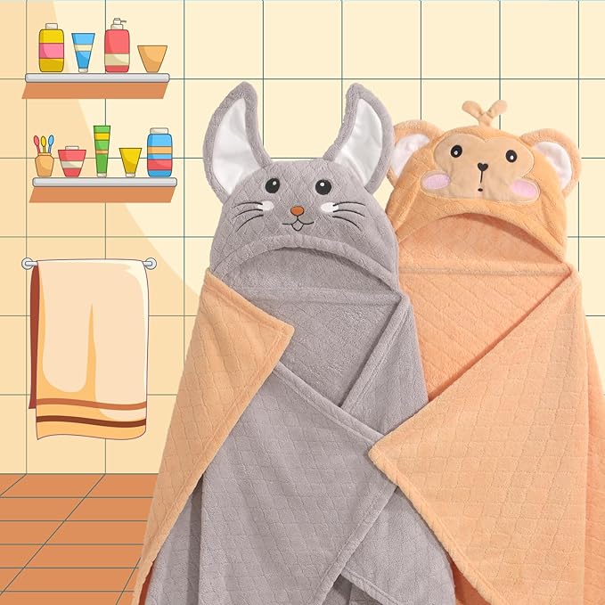 WODHOY Toddler Towels for Boy, 2 PCS 50"x32" Hooded Baby Towels Boy,Thick Absorbent Bath Towels for Kids, Coral Fleece Animal Kids Towel with Hood, Gray Mouse & Orange Monkey Set