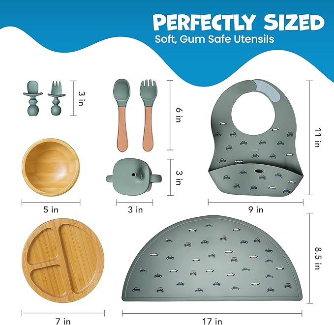Bamboo & Silicone Baby Feeding Set 8 PCS | Baby Led Weaning Supplies Self Feeding | Divided Suction Plate Bowl Bib Sippy Cup with Straw Utensils Baby Bowls and Spoons Toddler Feeding Set (Pine Gray)