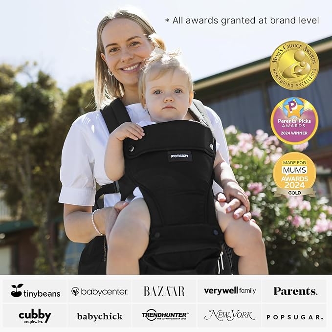 Momcozy Baby Carrier with Hip Seat, 2-in-1 Forward-Facing Carry for Active Babies, Detachable Hands-Free Infant Carrier up to 44lbs, All Seasons Toddler Carrier Fits Waist Sizes up to 45 Inches, Black