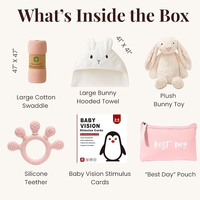 New Baby Gift Basket Set with Adorable Newborn Essentials for Baby Girl and Boy | Quality Baby Shower Gift Baskets with Soft Swaddle Blanket | Cutest Newborn Gift Set, Gift-Ready Packaging (Pink)