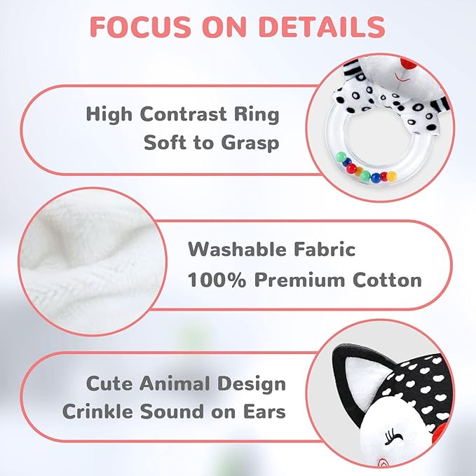 Baby Rattles & Toys - 0-3 Months, High Contrast Black & White Plush Stuffed Toys for Infants