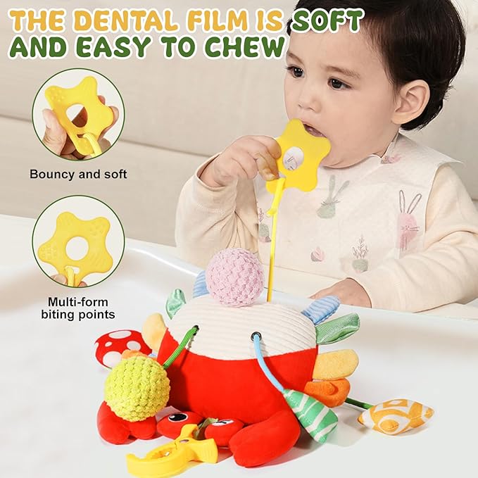 ElapseGlow Crab Baby Toy - Clip-On Hanging Sensory Toy for Car Seat, Stroller, Gym with Squeaker, Crinkle, Rattle, Mirror & Teether | Soft Plush 18 Months Infant Developmental Toy for Tummy Time (Red)