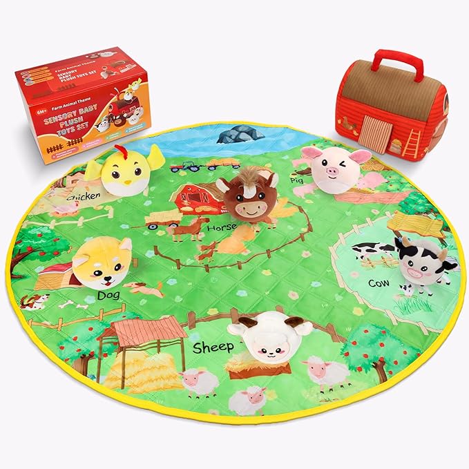 Farm Animal Toys for 1 2 3 4 5 Year Old Toddlers – Plush Farm House Playset with Barn, 6 Soft Farm Animals & Large Play Mat – Farm Toys for Toddlers 1–3