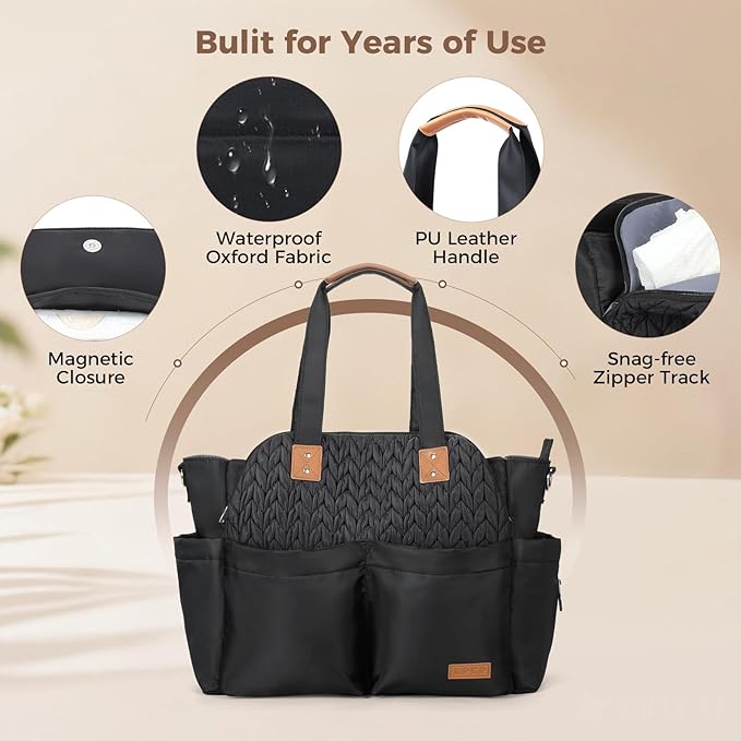 Lekebaby Diaper Bag Tote for Baby - 17 Pockets Large Travel Diaper Tote with Portable Changing Pad, Mom Crossbody Hospital Bag for Labor Delivery, Waterproof, Baby Essentials for Newborn Gifts, Twill