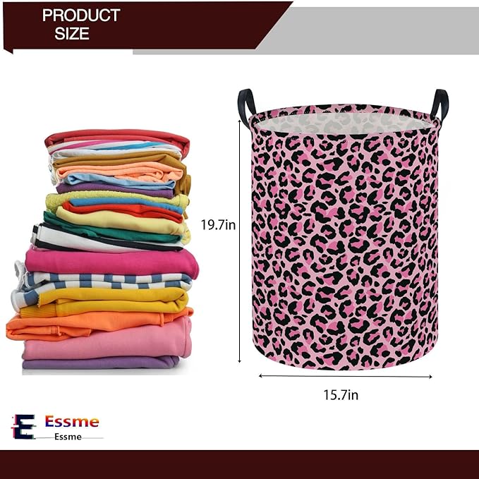 Essme Kids Laundry Basket,Pink Hamper Collapsible Canvas Waterproof Storage Bin for Girls, Leopard Print Hamper,Gift Baskets(Pink Leopard Print)