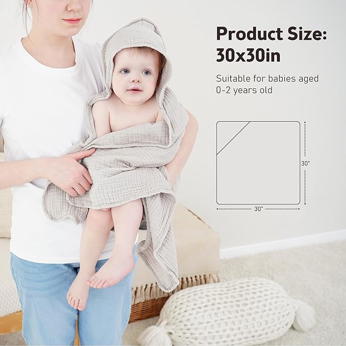 Susurration Hooded Baby Towels for Newborn 2 Pack 100% Muslin Cotton Towel for Babies，Highly Absorbent and Newborn Essential 30x30 Inch Cream&Brown