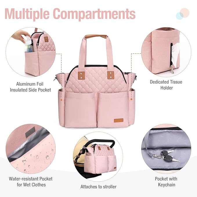 Lekebaby Diaper Bag Tote for Baby - 17 Pockets Large Travel Diaper Tote with Portable Changing Pad, Mom Crossbody Hospital Bag for Labor Delivery, Waterproof, Baby Essentials for Newborn Gifts, Pink