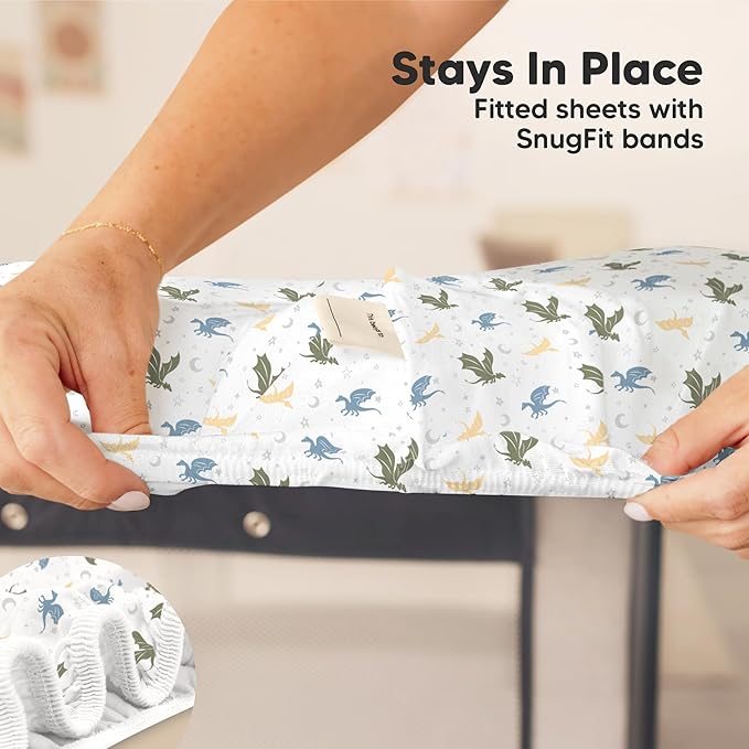 2-Pack Mini Crib Sheets Fitted - 38x26 Pack N Play Sheets for Pack and Play Mattress, Organic Cotton, Soft & Breathable Playard Bedding, Neutral Mini Toddler Bed Cover for Boys, Girls (Dragon Tale)