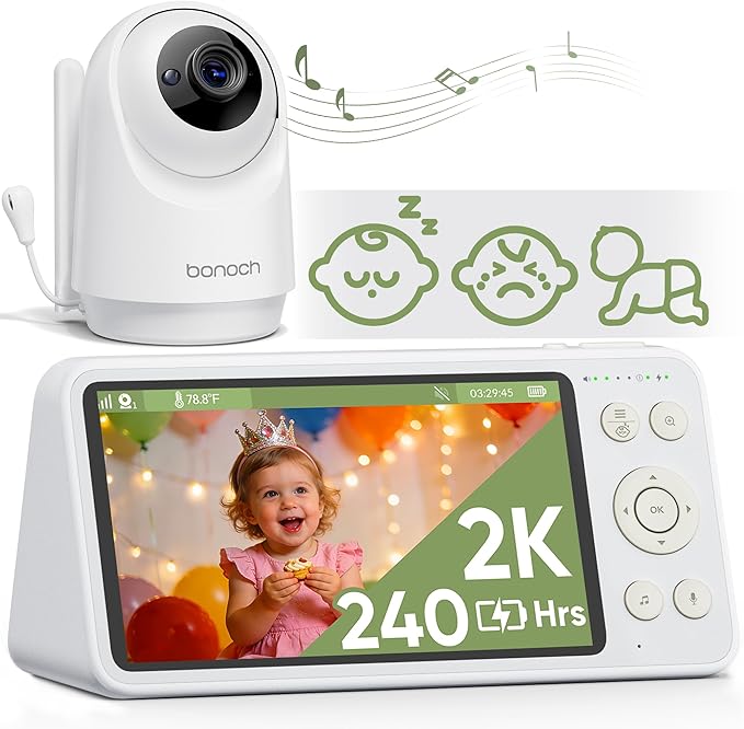 bonoch 2K Baby Monitor with Camera and Audio, 5.5" Smart No WiFi Video Baby Camera, 240h Battery, 1600ft Long Range, Crying/Motion/Turnover Detect, Hack Proof, Night Vision, White Noise, Shower Gifts
