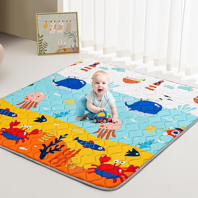 TreeBud Baby Play Mat - Thicken 50x50 Inch Soft Foam Crawling Mat for Playpen & Floor, Non-Slip Waterproof Playmats for Infants & Toddlers, Portable Foldable & Machine Washable, Ocean World