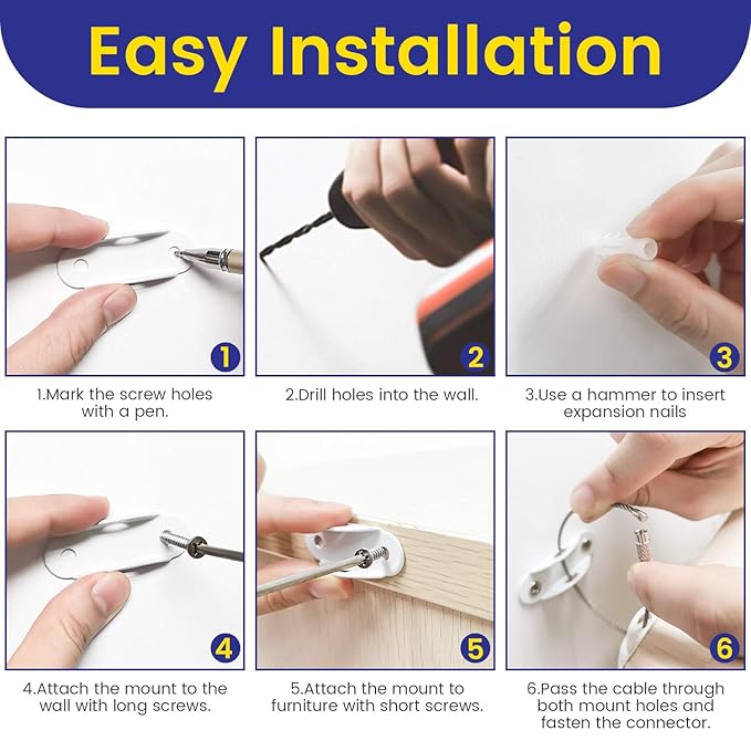 4our Kiddies 10 Pack Furniture Anchors for Baby Proofing, Anti Tip Furniture Wall Anchors, Secure 400 Pounds Cabinet, Bookcase, Dresser to Wall, Earthquake Furniture Straps for Child Safety