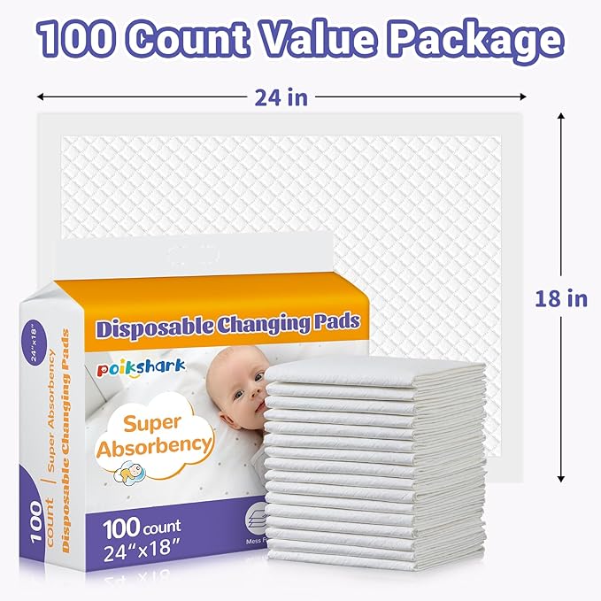 100 Pack Disposable Changing Pads for Baby, 18" x 24" Super Absorbency Disposable Underpads Large Bed Pads Absorbent Fluff Protective Table Pads Disposable Diaper Changing Pads, Leakproof