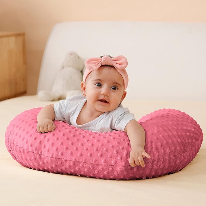 QUENESS Nursing Pillow and Positioner, Breastfeeding, Bottle Feeding, Baby Sitting Support with Removable Ultra Soft Cover, Tummy Time Support for Baby Boys and Girls (StrawberryRed)