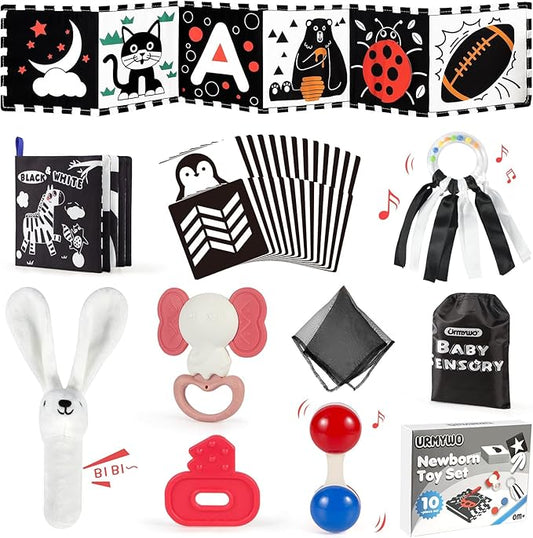 URMYWO 10 Pcs High Contrast Black and White Baby Toys for Newborn - Tummy Time Mirror - Rattle - Teether - Visual Stimulation Learning Cards - Sensory Baby Toys for 0-6 Months - Baby Boy Girl Gifts