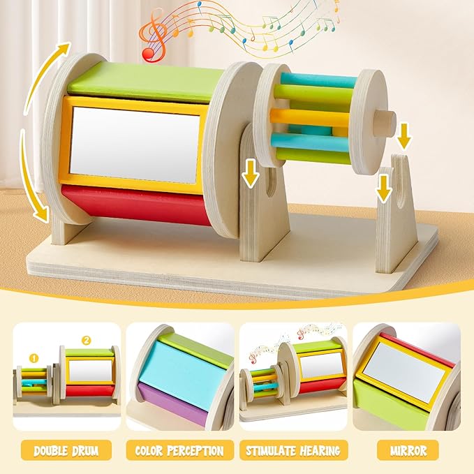 Toyssa Wooden Montessori Toys for Babies 6-12 months with Rainbow Color and Mirror Spinning Drum/Baby Shape puzzle 6-12 months/Sensory Toys Rain Rattle, Montessori Toys Gifts for Toddlers 1 Years Old