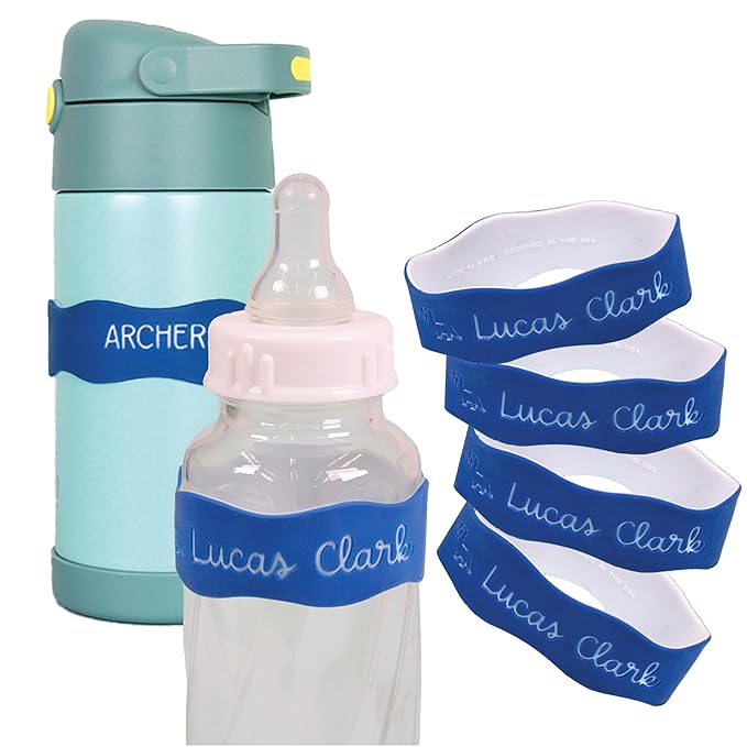 InchBug Orbit Labels Baby Bottle and Water Bottle Silicone Name Bands – Personalized Reusable Label Set for Daycare, Sippy Cups, Preschool, Elementary School, Dishwasher Safe, 4-Pack (Nautical Navy)
