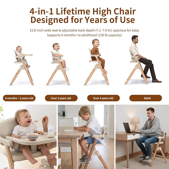 High Chair, Foldable High Chairs for Babies and Toddlers Ultra Safe for Infant or Adults Up to 150 Lbs, Easy Clean, Removable Tray/Adjustable Footrest for Baby Feeding HighChair, Cream