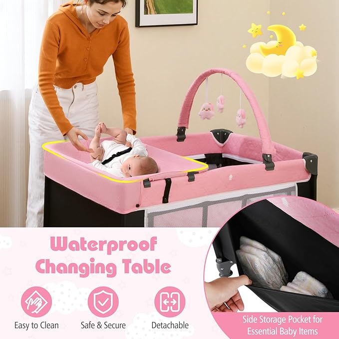 HONEY JOY Pack and Play, 4 in 1 Folding Infant Playpen with Bassinet, Quickly Assembled, Breathable Mesh Fabric, Carry Bag, Diaper Changing Table, Toys, Portable Crib for Babies & Toddlers (Pink)