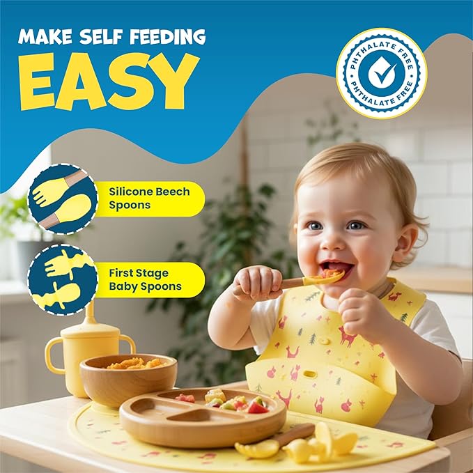 Bamboo & Silicone Baby Feeding Set 8 PCS | Baby Led Weaning Supplies Self Feeding | Divided Suction Plate Bowl Bib Sippy Cup with Straw Utensils Baby Bowls and Spoons Toddler Feeding Set (Yellow)