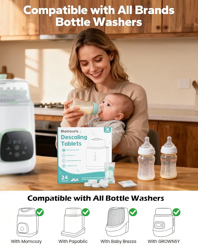 Descaling Tablets for Baby Bottle Washer, Compatible with Baby Brezza, Momcozy, Papablic Bottle Washer, Warmer, Sterilizer & Formula Maker, 24 Count Detergent Tablets