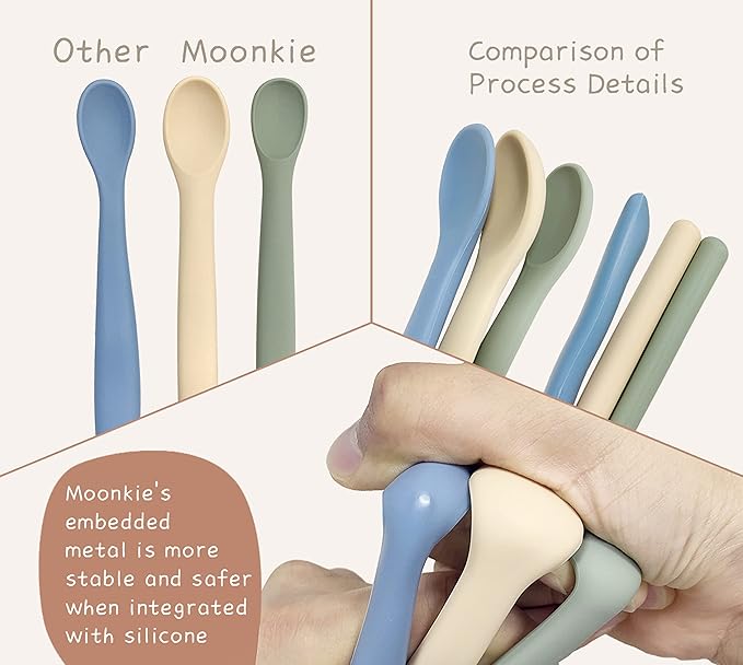 Moonkie Silicone Baby Spoons Set of 4, Toddler Spoons for Self Feeding 6 Months, Two Sizes Feeding Spoons for First Stage 4+ Months, Infant, Baby Utensils with Case, Bendable, Chewproof & Boil-proof