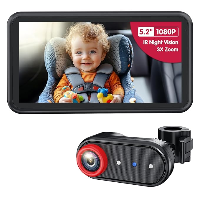 BM2A Baby Car Camera, Night Vision & 5.2" 1080P Display for Rear-Facing Car Seats, Easy No-Damage Install, Patented Anti-Shake Mount – Ideal for Parents and Pet Owners