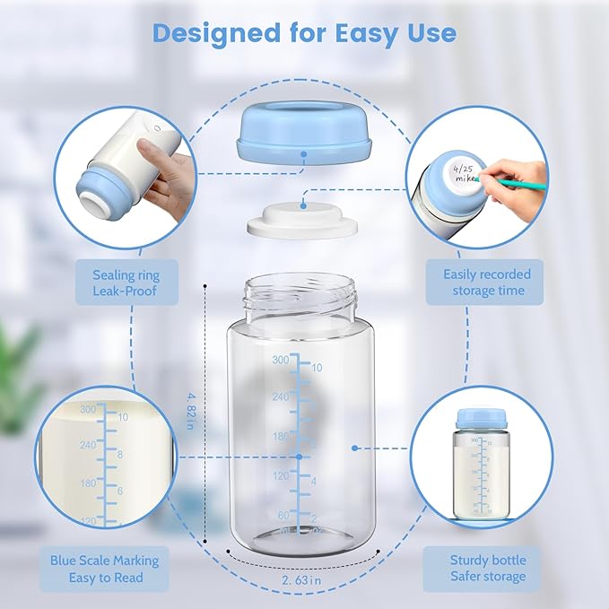 4 Pack 10oz Wide-mouth Breastmilk Storage Bottle for Momcozy 22oz Portable Breast Milk Cooler, Pumping Storage Containers Compatible with Spectra S1/S2/9 Plus/SG/Motif Luna (4PC/Blue Lids)
