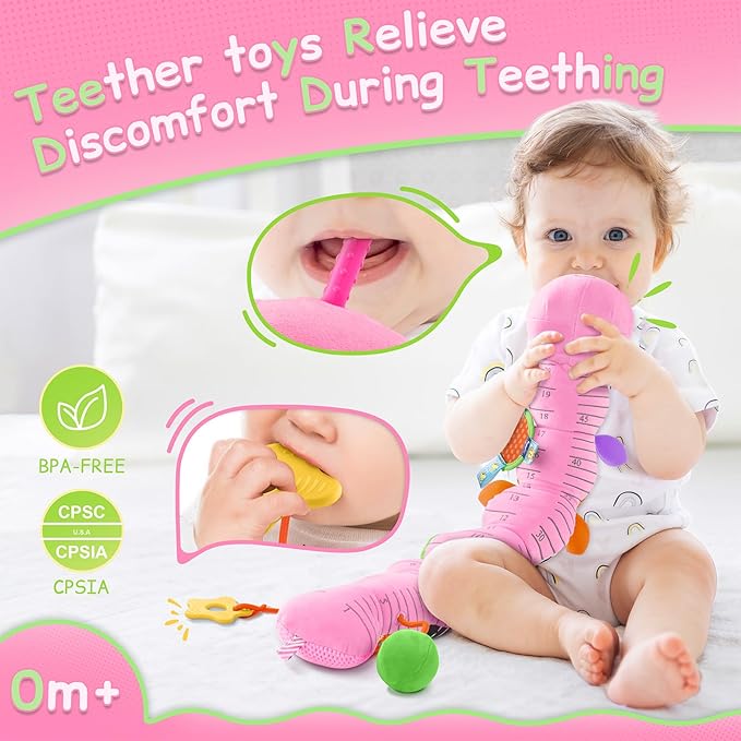 Baby Toys Sensory Musical Animal Stuffed Toy for Infant 0-3-6-12 Months Tummy Time Newborn, Plush Caterpillar with Mirror,Crinkle,Rattle Teething Toys for Baby Boys Girls Shower Gifts, Pink