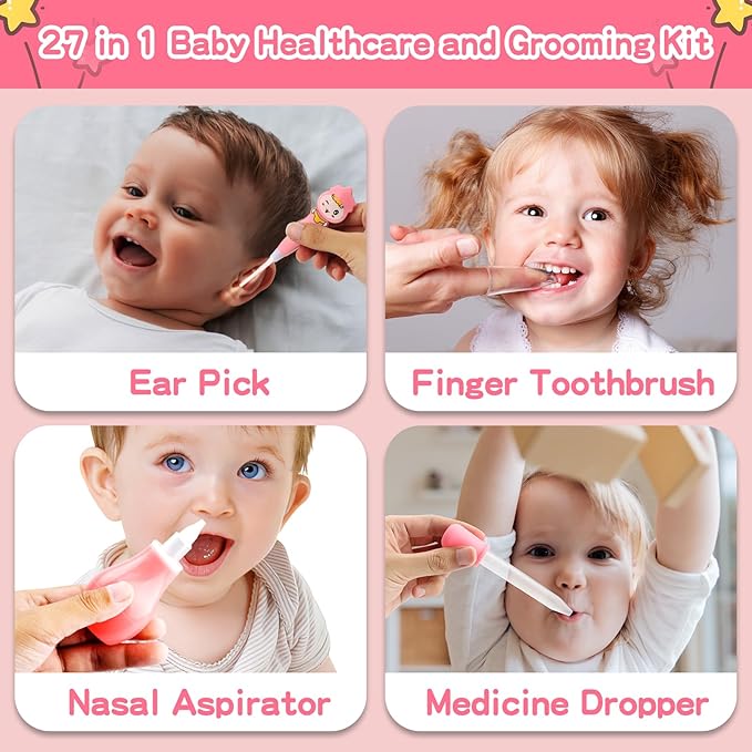 Baby Grooming Kit, Infant Safety Care Set with Hair Brush Comb Nail Clipper Nasal Aspirator,Baby Essentials Kit for Newborn Girls Boys, Pink-24- in-1