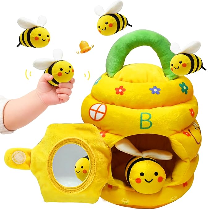Baby Toys 6-12 Months, Beehive Montessori Toys for 1 Year Old with 5 Sensory Bees Stuffed Animals, Crinkle, Rattles, Squeaker, Jingle Bells, Mirror, Infant Toy Birthday Christmas Gift
