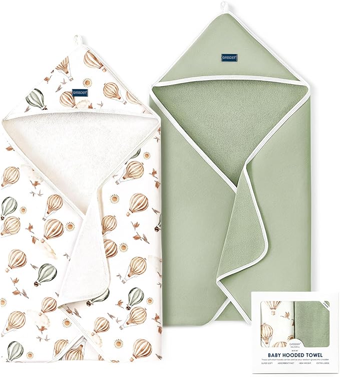 GRSSDER Baby Hooded Towel 2 Pack for Newborn, Super Soft Bath Towels with Original Designs, Ultra Absorbent Knit Terry, Large Toddler Towels with Hood for Boys Girls, Shower Gifts for Infant,34"x 34"