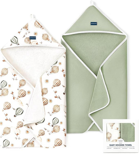 GRSSDER Baby Hooded Towel 2 Pack for Newborn, Super Soft Bath Towels with Original Designs, Ultra Absorbent Knit Terry, Large Toddler Towels with Hood for Boys Girls, Shower Gifts for Infant,34"x 34"