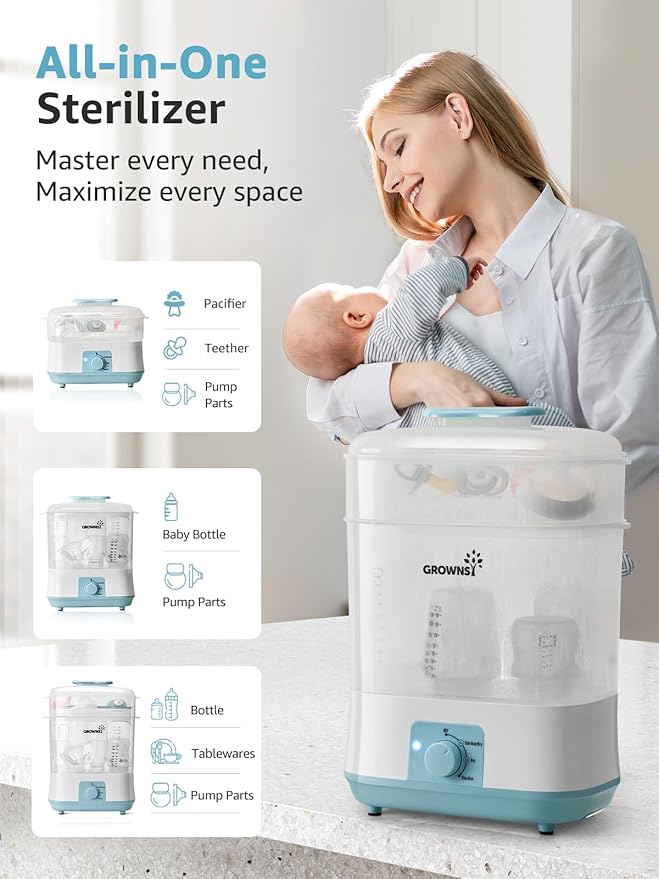 Grownsy Adjustable 4 in 1 Large Bottle Sterilizer and Dryer, 8 Bottles Capacity,Electric Steam Baby Bottle Sterilizer, Sanitizer for Baby Bottles & Pacifiers, Breast Pump Parts Blue