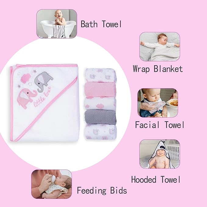 Viviland Baby Towels and Washcloths, Soft Absorbent Pink Baby Bath Towel Set, Elephant Hooded Towels with 5 Infant Face Washcloths (6 Pieces)