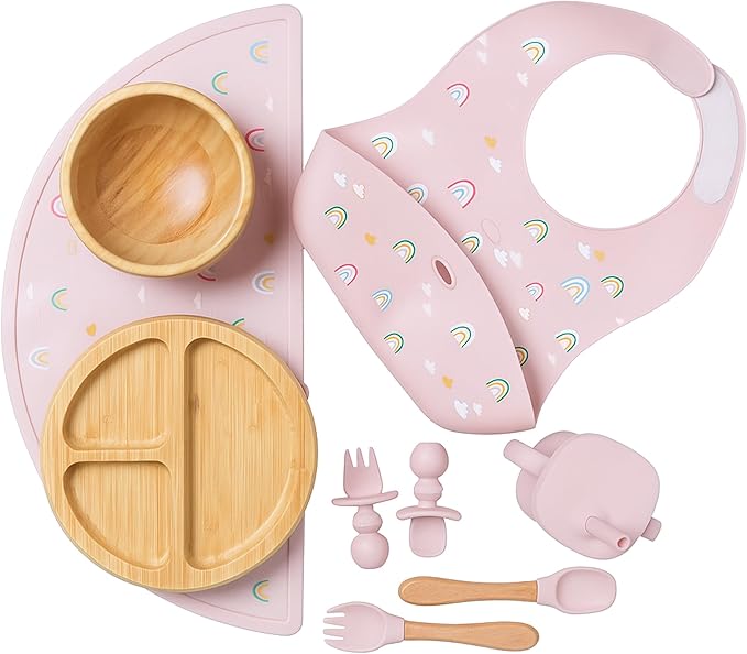Bamboo & Silicone Baby Feeding Set 8 PCS | Baby Led Weaning Supplies Self Feeding | Divided Suction Plate Bowl Bib Sippy Cup with Straw Utensils Baby Bowls and Spoons Toddler Feeding Set (Pink)