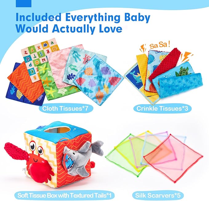 hahaland Baby Tissue Box Toy, Baby Toys 6-12 Months Montessori Toys for 6 Month Old, Textured Tails, Crinkle Tissues, Squeaky, Mirror, Silks Sensoy Scarves Baby Gifts Valentines Easter Basket Stuffers