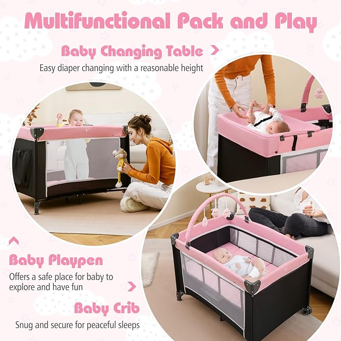 HONEY JOY Pack and Play, 4 in 1 Folding Infant Playpen with Bassinet, Quickly Assembled, Breathable Mesh Fabric, Carry Bag, Diaper Changing Table, Toys, Portable Crib for Babies & Toddlers (Pink)