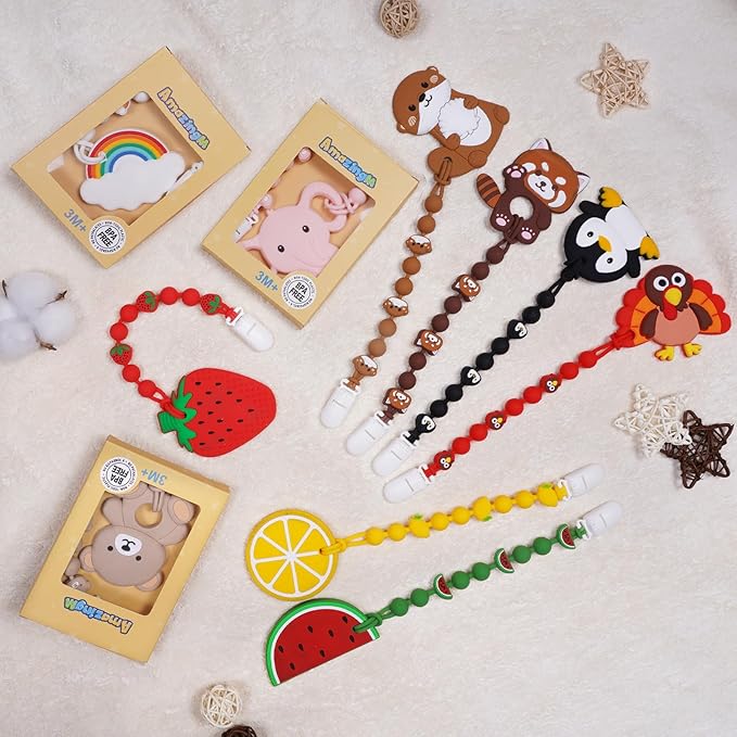 Cute Animal Baby Food Grade Silicone Teether Toy with One Piece Design Pacifier Clip Holder,Teething Pain Relief Toys Gift Set for 3 Months+ Boys and Girls,Freezer Safe,BPA Free (Elephant)