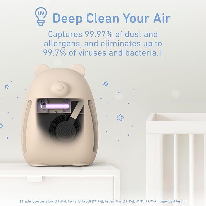Pure Enrichment PureBaby Kids Bear Air True HEPA Air Purifier - 4 Stage Air Filtration, UV-C Light, & Night Light for Medium-Large Rooms - Baby Nurseries, Kid Bedrooms (Sweet Oat)