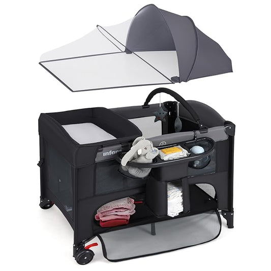 INFANS Baby Bassinet, 4 in 1 Nursery Center Pack and Play Baby Playard with Changing Table, Mosquito Net, Storage Basket, Travel Bag for Newborn 0-36 Months (Black)