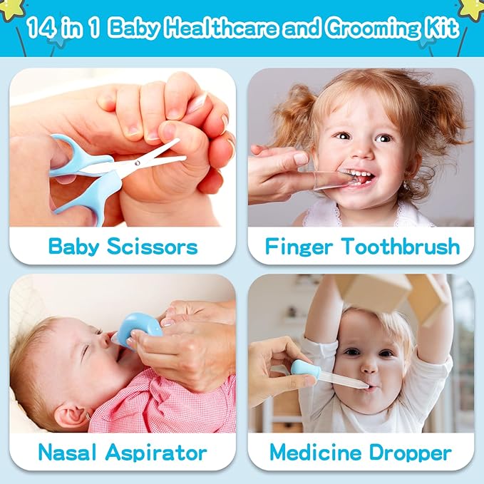 Baby Grooming Kit，Infant Safety Care Setwith Hair Brush Comb Nail Clipper Nasal Aspirator, Baby Essentials Kit for Newborn Girls Boys (14 PC-Blue Kit)
